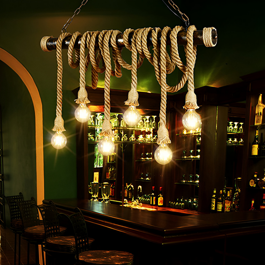 Vintage luster s pedro lanom, 6 x E27 zatvorené drevo