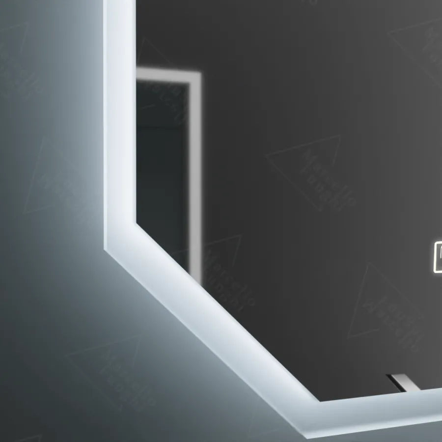 Polygonové LED zrkadlo, 60X80cm, snímač Hexaluce MotionGlow Marcello, systém odhmlievania, hodiny a teplomer, stmievateľné