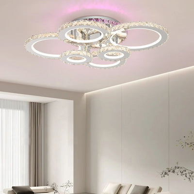 LED luster s diaľkovým ovládaním a krištáľom NOVA ROTONDA RGB 152W, 6 kruhov, studené/teplé/neutrálne svetlo, stmievateľné, lesklý chróm