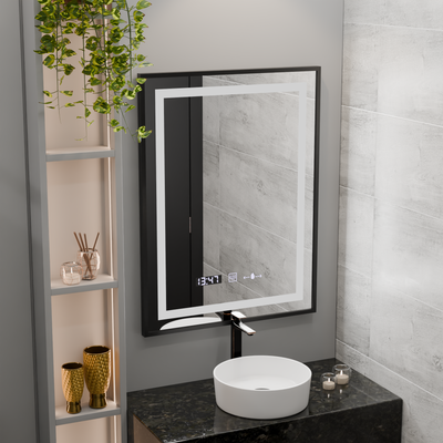 Obdĺžnikové LED zrkadlo, 60x80cm, Verite Majeste Noir Motion Glow Marcello, Demister System, Hodiny & Teplomer, Stmievateľné
