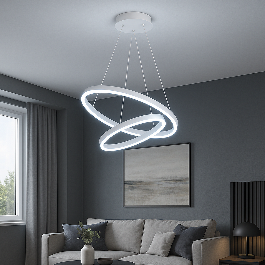 Závesný LED luster s diaľkovým ovládaním CASIANA 42W, 2 kruhy, studené/teplé/neutrálne svetlo, stmievateľné, biele, výškovo nastaviteľné