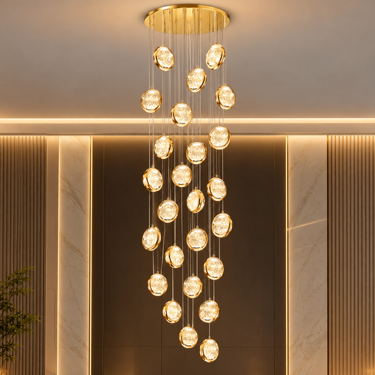 Krištáľový luster FRAME LED s diaľkovým ovládaním, závesný, 30 zdrojov, 90 W, priemer 60 cm, nastaviteľná výška, zlato, kov a krištáľ