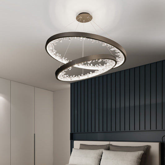 Závesný LED luster s diaľkovým ovládaním, K9 Crystals, 67W, 2 kruhy, 60 cm, studené/teplé/neutrálne svetlo, stmievateľné, čierne, výškovo nastaviteľné