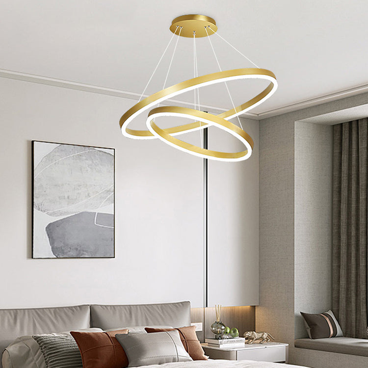 Závesný LED luster s diaľkovým ovládaním CHRISTINE, 42W, 2 kruhy, studené/teplé/neutrálne svetlo, stmievateľné, lesklé zlaté, nastaviteľná výška
