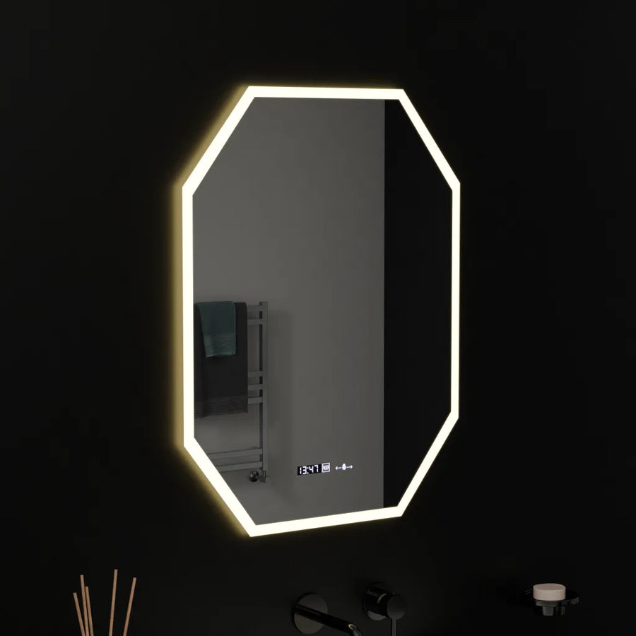 Polygonové LED zrkadlo, 60X80cm, snímač Hexaluce MotionGlow Marcello, systém odhmlievania, hodiny a teplomer, stmievateľné
