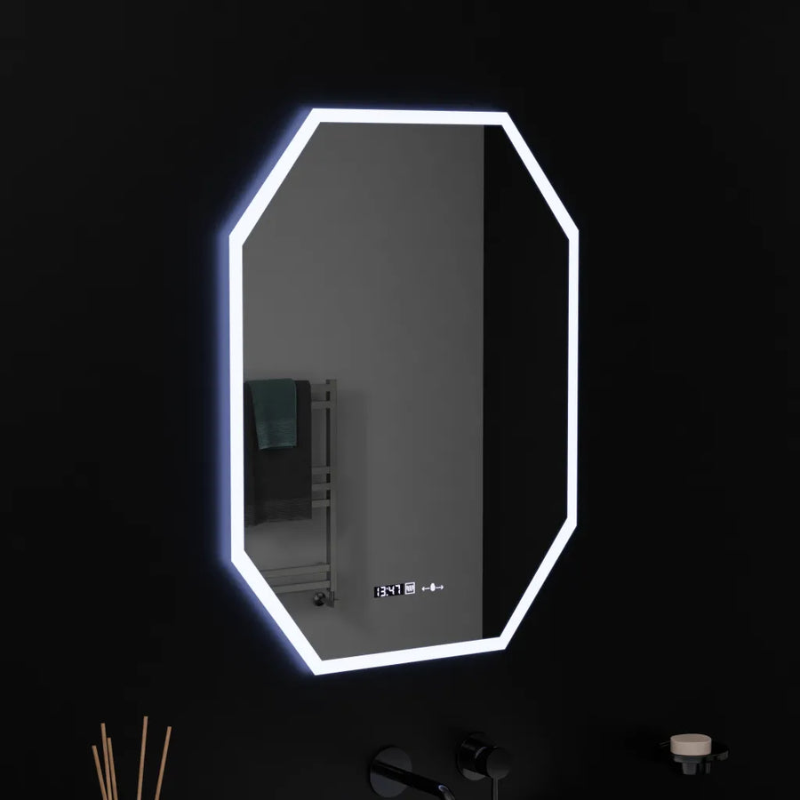 Polygonové LED zrkadlo, 60X80cm, snímač Hexaluce MotionGlow Marcello, systém odhmlievania, hodiny a teplomer, stmievateľné