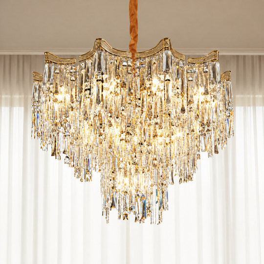 Krištáľový luster VETRA Eleganza 9xE14, H50 cm, zlatý, nastaviteľná výška, kov a krištáľ