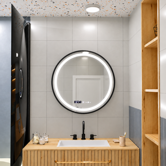 LED okrúhle zrkadlo, 80 cm, Celeste Majesté Noir MotionGlow Marcello, Demister System, Hodiny & Teplomer, Stmievateľné