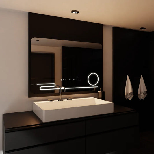 Obdĺžnikové LED zrkadlo, 120x80cm, Harmonie MotionGlow Marcello, Demister System, Hodiny & Teplomer, Kozmetická lupa, Stmievateľné