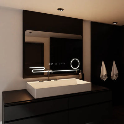 Obdĺžnikové LED zrkadlo, 120x80cm, Harmonie MotionGlow Marcello, Demister System, Hodiny & Teplomer, Kozmetická lupa, Stmievateľné