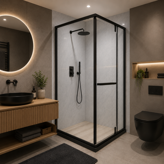 Paravan duș Walk-In 90x90x195 cm, sticlă securizată 7.6 mm, satin, profil metalic rezistent, Transparent si Negru