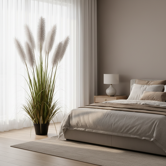 Planta Artificială Iarbă Ornamentală, 220cm, cu 7 fire, Stuf sj Iarba, Verde si Gri, Fara Ghiveci