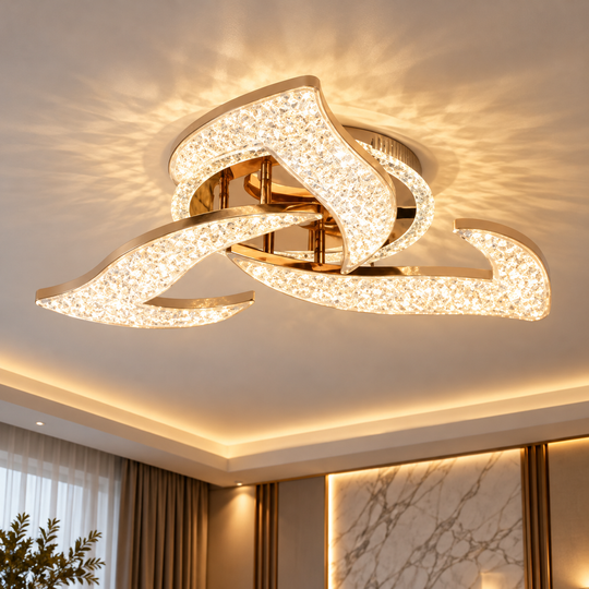 LED luster HALESA Elegance s diaľkovým ovládaním a kryštálom, 44W, 3 zdroje, studené/teplé/neutrálne svetlo, stmievateľné, zlatá