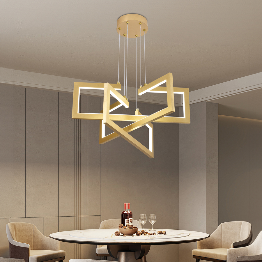 LED luster s diaľkovým ovládaním, Závesný 73W, 3 prvky, Studené/Teplé/Neutrálne svetlo, Stmievateľné, Nastaviteľná výška, Zlatá