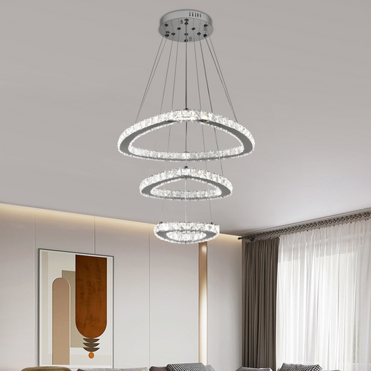 Závesný LED luster s diaľkovým ovládaním a krištáľom LLC131/3CH 61W, 3 kruhy, studené/teplé/neutrálne svetlo, stmievateľné, lesklý chróm, nastaviteľná výška