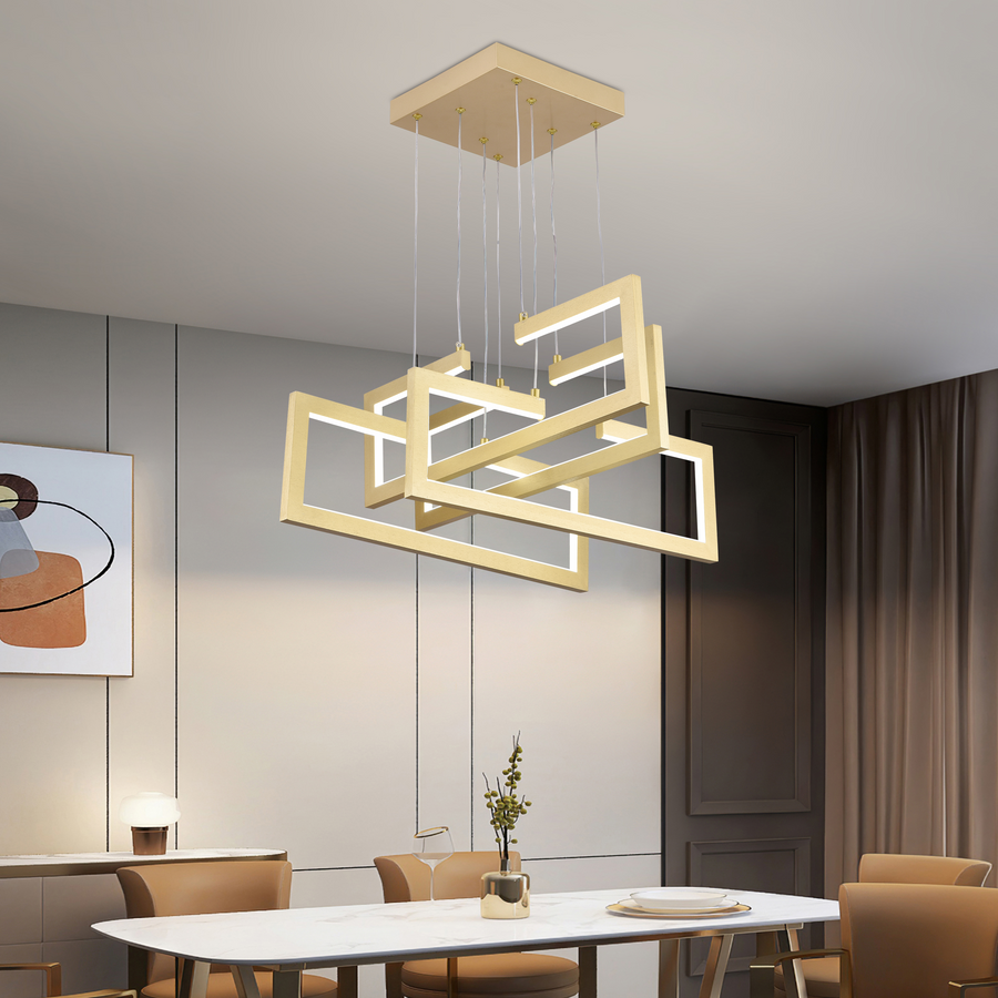LED luster s diaľkovým ovládaním, Závesný 98W, 4 prvky, Studené/Teplé/Neutrálne svetlo, Stmievateľné, Nastaviteľná výška, Zlatá