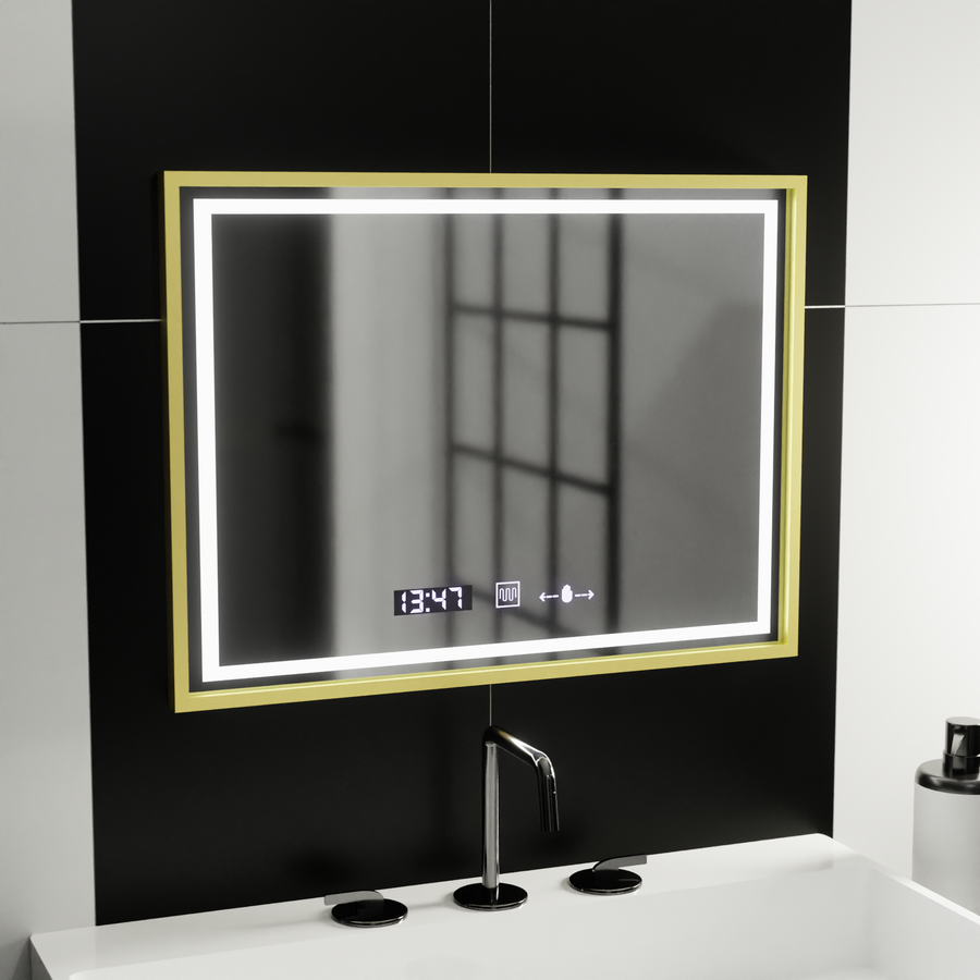 Obdĺžnikové LED zrkadlo, 80x60cm, Verite Royale Gold MotionGlow Marcello, Demister System, Hodiny & Teplomer, Stmievateľné