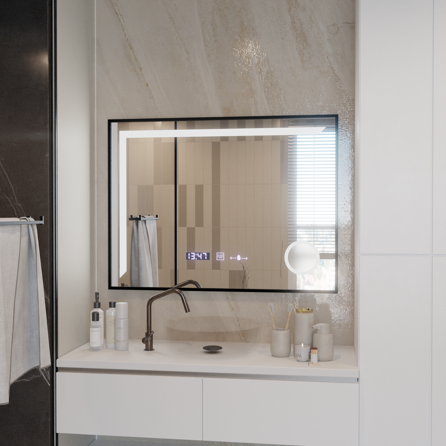 LED zrkadlo Francesca MotionGlow Snímač 80x60 cm Teplé/studené/Neutrálne svetlo Stmievateľný rám Čierny kartáčovaný systém odhmlievania Teplomer Hodiny Marcello Funghi Collection