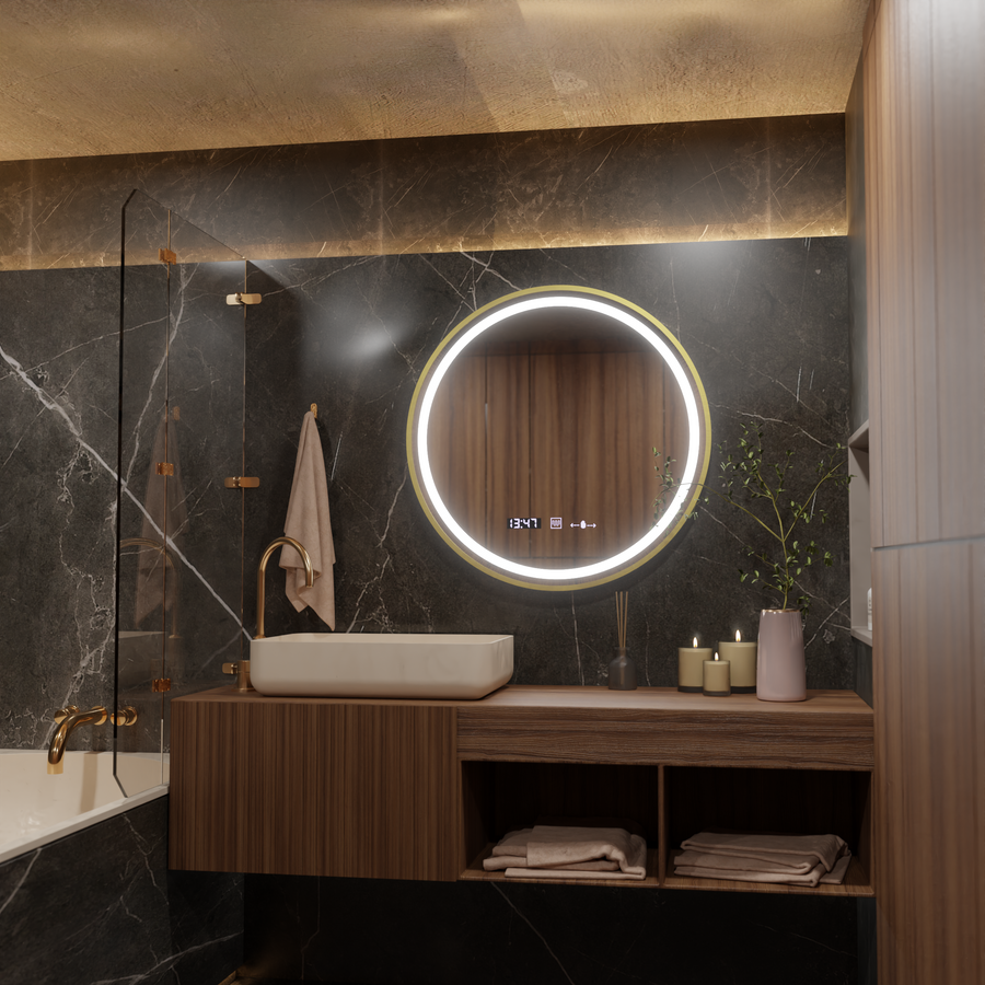 LED okrúhle zrkadlo, 80 cm, Celeste Royale Gold MotionGlow Marcello, Demister System, Hodiny & Teplomer, Stmievateľné