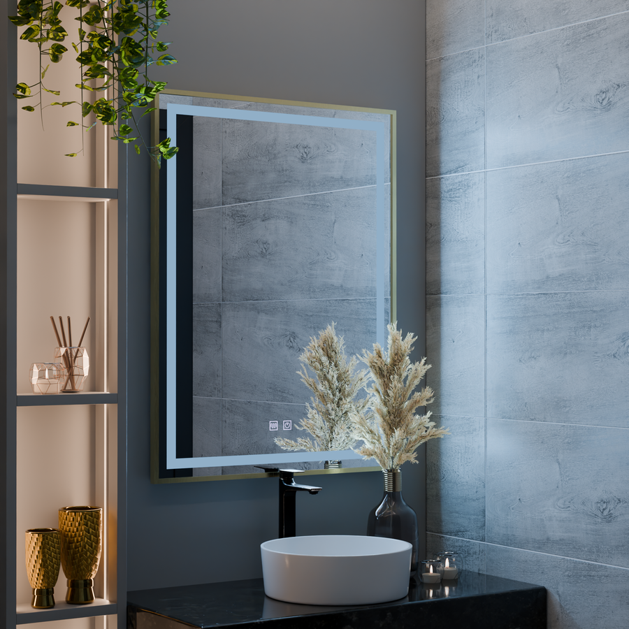 LED Touch Kalahiri Mirror, 80x60 cm, funkcia odmrazovania, rám zlatá kefka