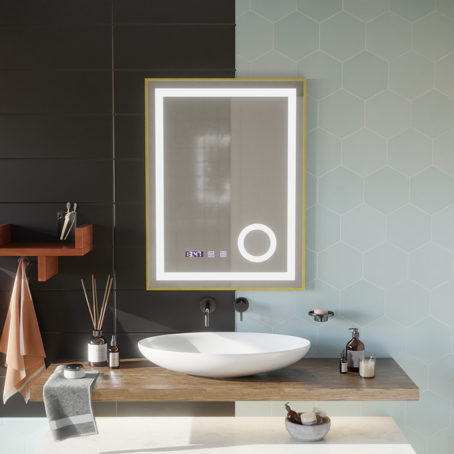 CLARUS LED dotykový systém odhmlievania, hodiny a teplota 60x80 cm brúsená kozmetická lupa so zlatým rámom