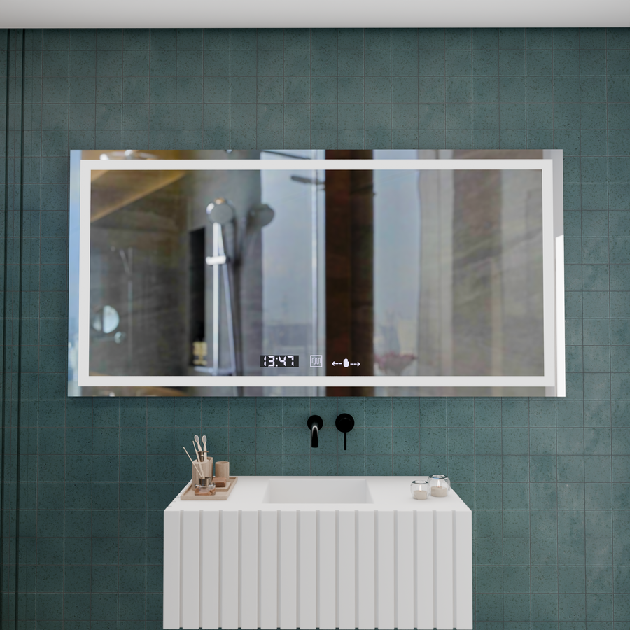 Obdĺžnikové LED zrkadlo, 120x60cm, Verite MotionGlow Marcello, Demister System, Hodiny & Teplomer, Stmievateľné