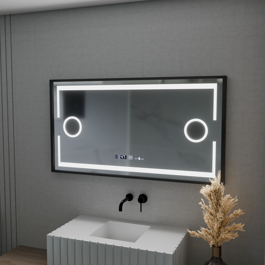 LED zrkadlové Motionglow Sensor Domingo s odmrazovaním funkcie rozmrazovania 120x65 cm studené/teplé svetlo, čierny kefovaný rám, zbierka Marcello Funghi Collection