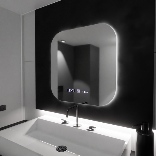 Obdĺžnikové LED zrkadlo 60x60 Aura Riflesso Puro MotionGlow Marcello, Demister System, Teplomer a hodiny, Stmievateľné