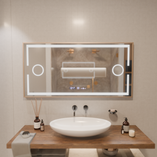 LED Motionglow Sensor Mirror Isabell s odmrazovacou funkciou rozmrazovania 120x80 cm teplé/studené/neutrálne stmievacie svetlo, ružový zlatý rámec, zbierka Marcello Fungi