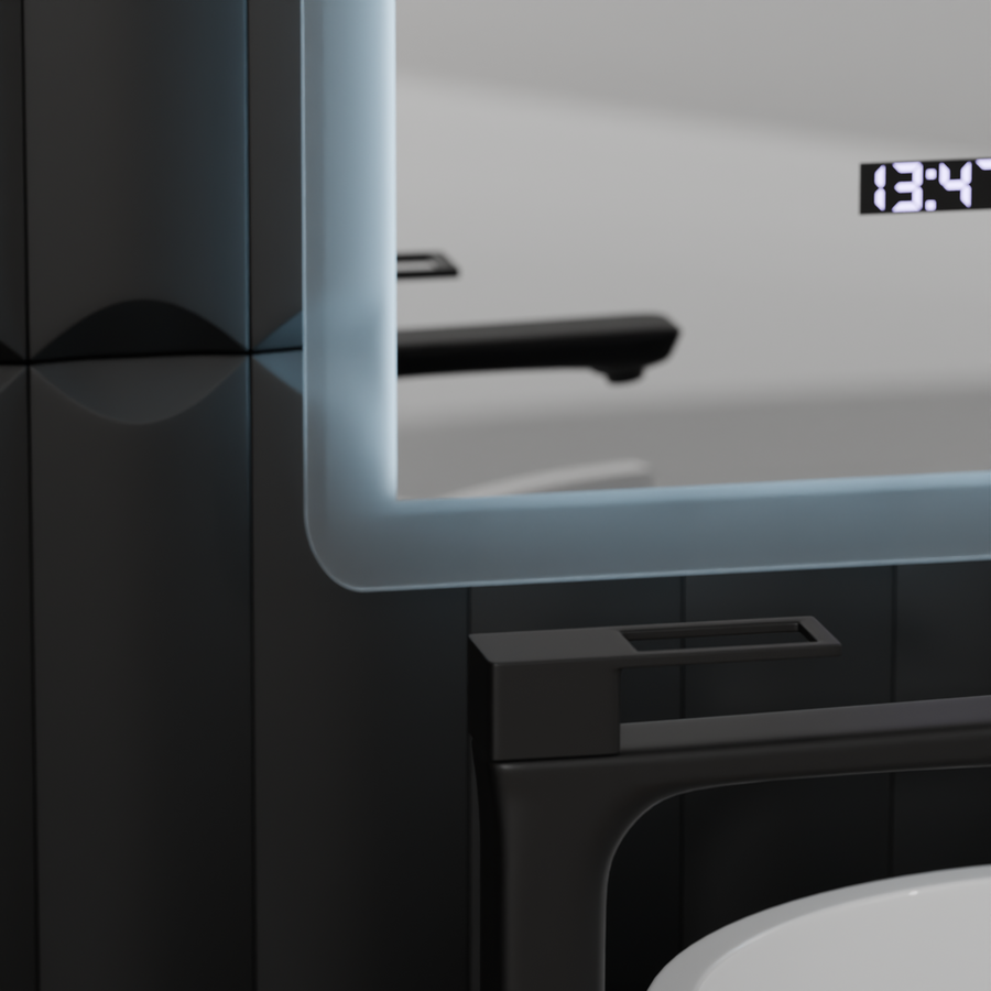 Obdĺžnikové LED zrkadlo, 50x70cm, senzor Zampa MotionGlow Marcello, systém odhmlievania, hodiny a teplomer, stmievateľné