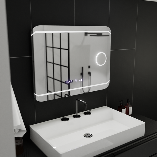 Obdĺžnikové LED zrkadlo, 80x60cm, MotionGlow Marcello Style, Demister System, Hodiny & Teplomer, Kozmetická lupa, Stmievateľné