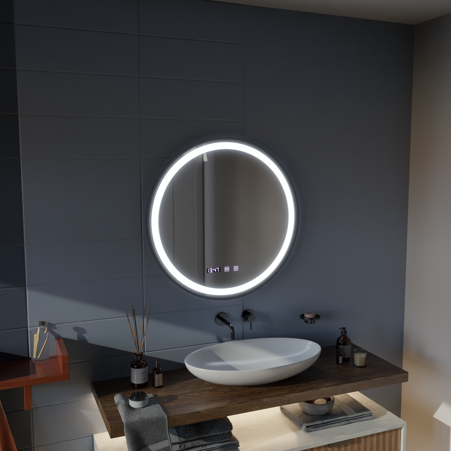 Zrkadlo LED Touch NOVARA odhmlievací systém, hodiny a teplota 60 cm brúsený čierny rám
