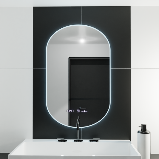 Oválne LED zrkadlo, 50x100cm, Lucia senzor Marcello, Demister System, Hodiny & Teplomer, Stmievateľné