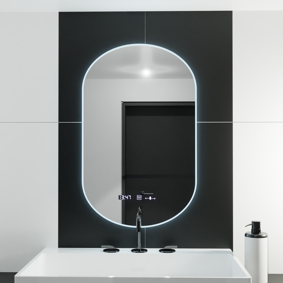 Oválne LED zrkadlo, 50x100cm, Lucia senzor Marcello, Demister System, Hodiny & Teplomer, Stmievateľné