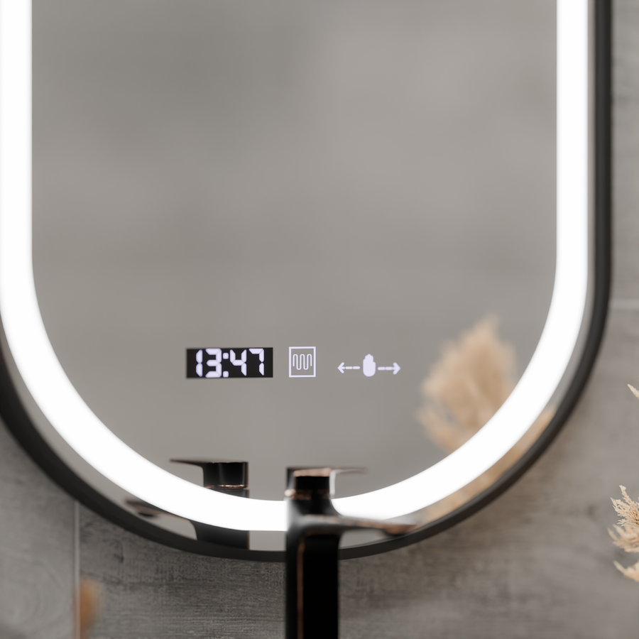 LED zrkadlo Helmut Systém odhmlievania, hodiny a teplota 50x90 cm Čierny rám brúsený Marcello Funghi
