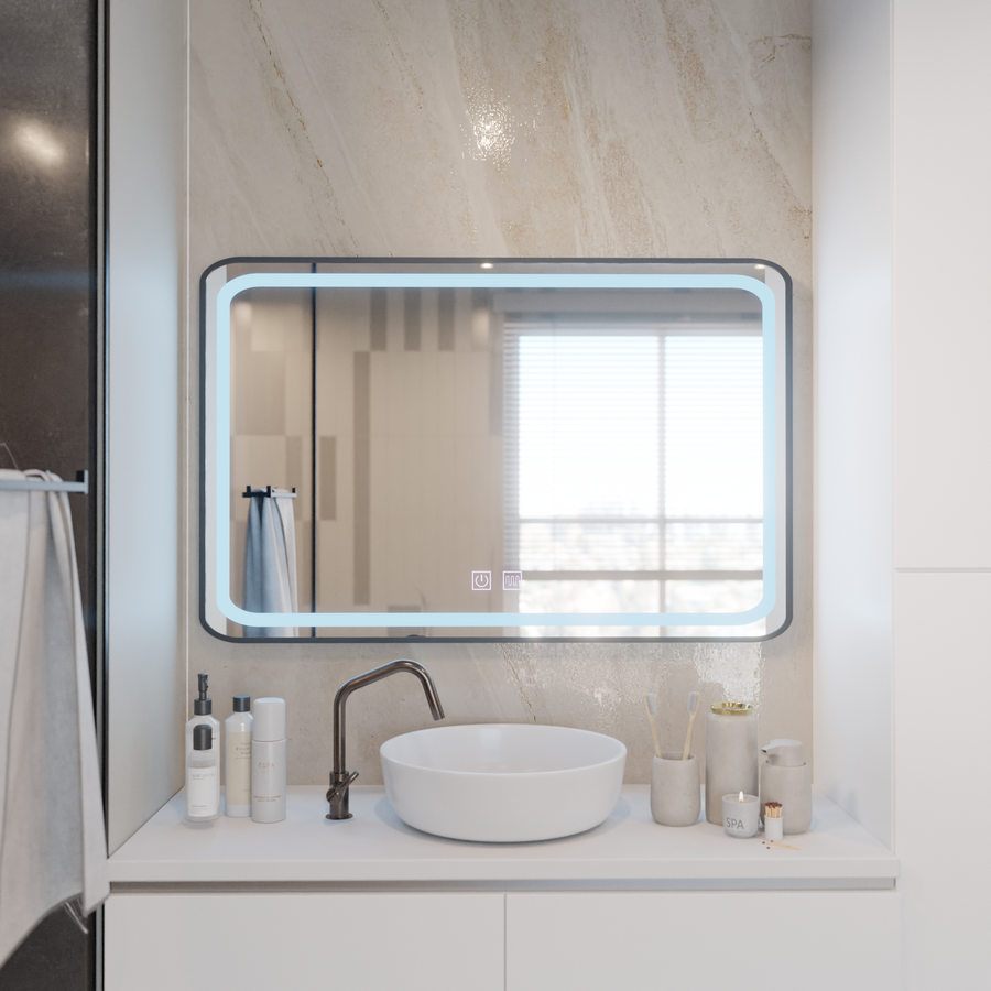 Zrkadlové obdĺžnikové obdĺžniky 100x65cm - Svetový odmrazovací systém na svetelného dotyku, čierny rám