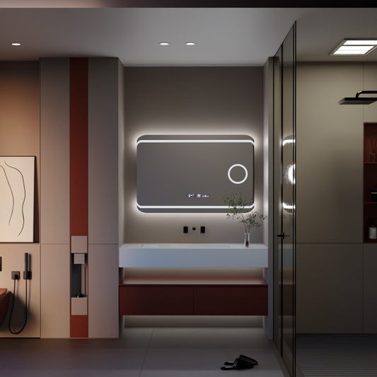 Obdĺžnikové LED zrkadlo, 100x60cm, Definition MotionGlow Marcello, Demister System, Hodiny & Teplomer, Kozmetická lupa, Stmievateľné
