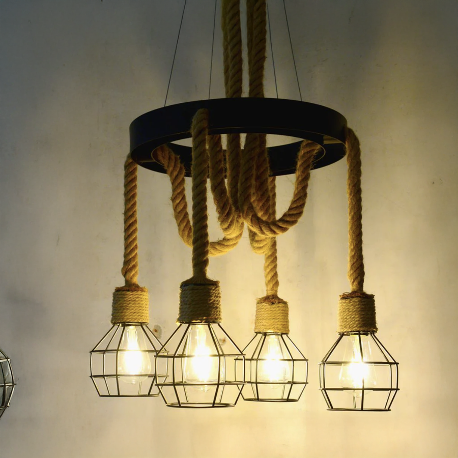 Luster kolesa, 3*E27, hnedý, kov a povraz