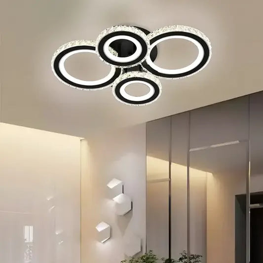 LED luster s diaľkovým ovládaním a krištáľom NOVA ROTONDA RGB 68W, 4 kruhy, studené/teplé/neutrálne svetlo, stmievateľné, čierny