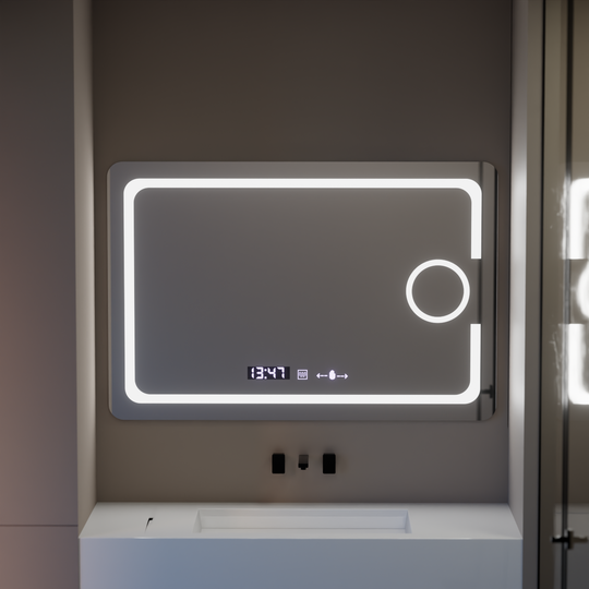 Obdĺžnikové LED zrkadlo, 110x75cm, Eclat MotionGlow Marcello, Demister System, Hodiny & Teplomer, Kozmetická lupa, Stmievateľné zrkadlá Marcello Predvolený názov Alessandro Design