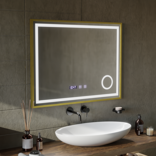 CLARUS Touch LED zrkadlový odhmlievací systém, hodiny a teplota Kozmetická lupa s brúseným zlatým rámom 80 x 60 cm