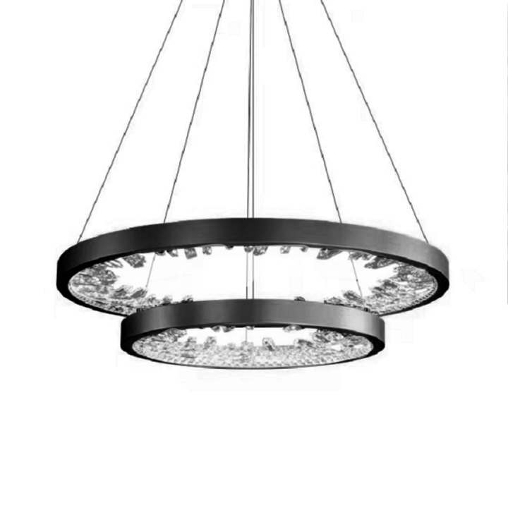 Závesný LED luster s diaľkovým ovládaním, K9 Crystals, 67W, 2 kruhy, 60 cm, studené/teplé/neutrálne svetlo, stmievateľné, čierne, výškovo nastaviteľné