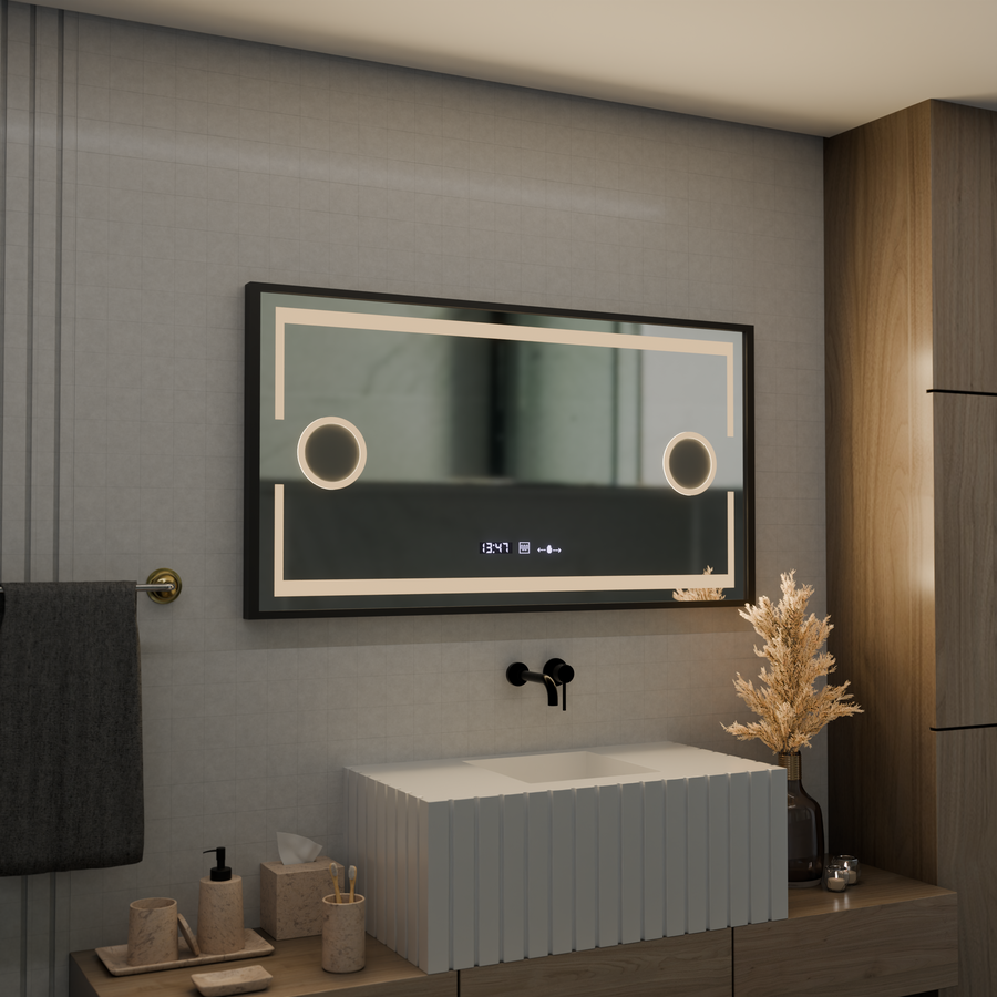 LED zrkadlové Motionglow Sensor Domingo s odmrazovaním funkcie rozmrazovania 120x65 cm studené/teplé svetlo, čierny kefovaný rám, zbierka Marcello Funghi Collection