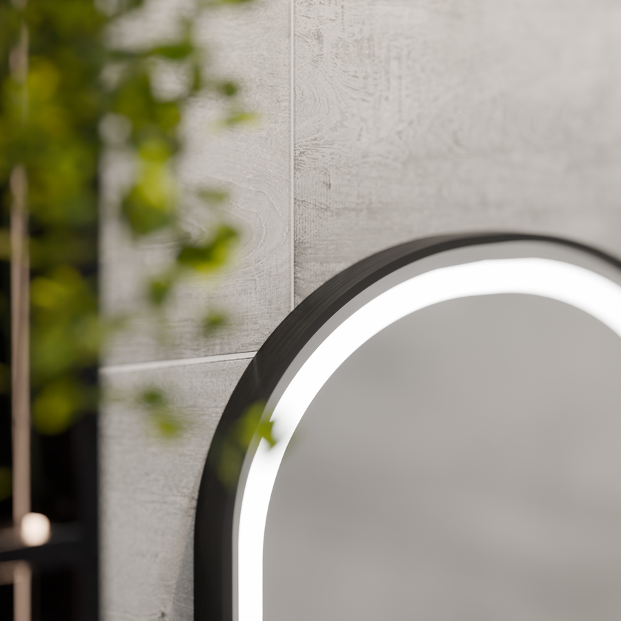 LED zrkadlo Helmut Systém odhmlievania, hodiny a teplota 50x90 cm Čierny rám brúsený Marcello Funghi
