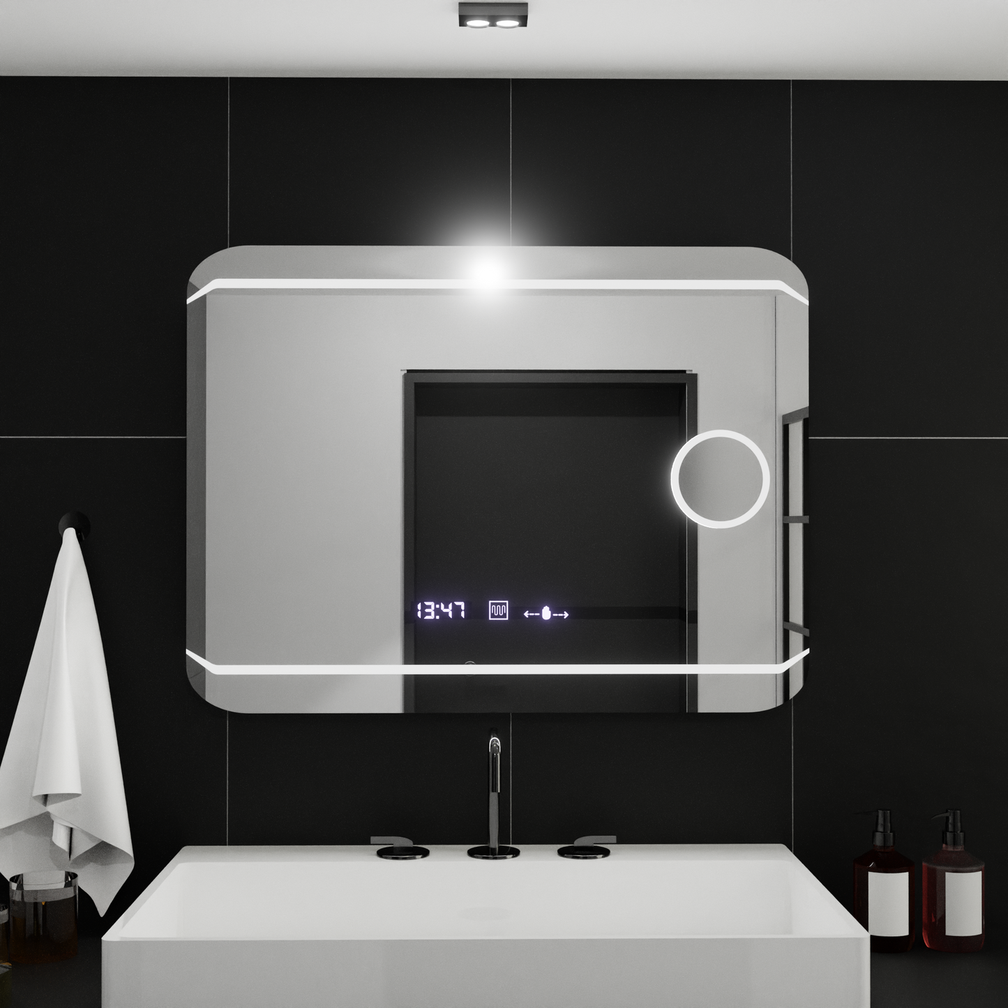 Obdĺžnikové LED zrkadlo 80x60cm Stile Motionglow Marcello rušivé systém a teplomer kozmetiky