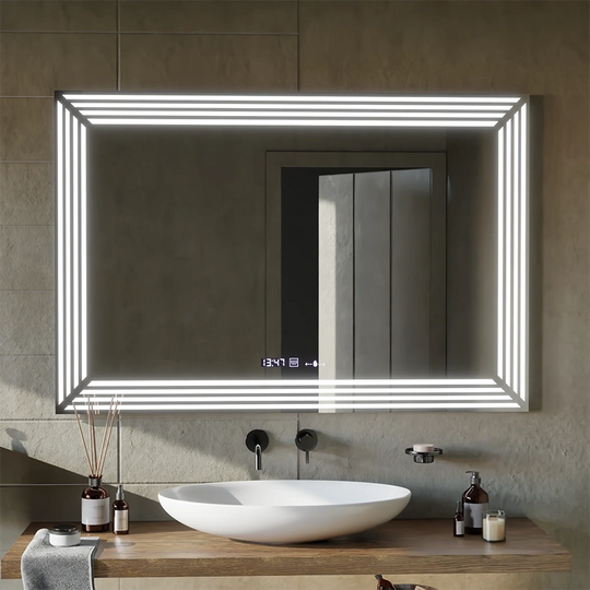 Obdĺžnikové LED zrkadlo, 120x80cm, Venezia Sensor MotionGlow Marcello, Demister System, Hodiny & Teplomer, Stmievateľné