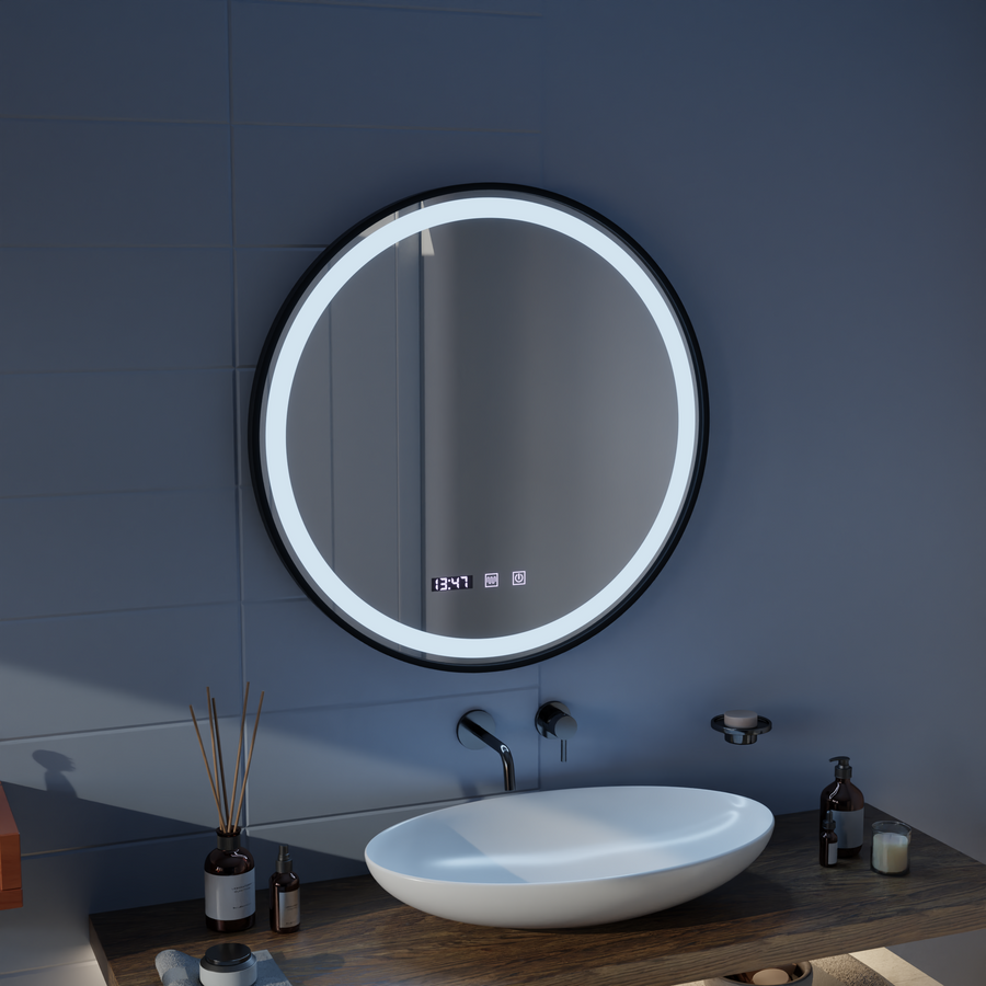 Zrkadlo LED Touch NOVARA odhmlievací systém, hodiny a teplota 60 cm brúsený čierny rám