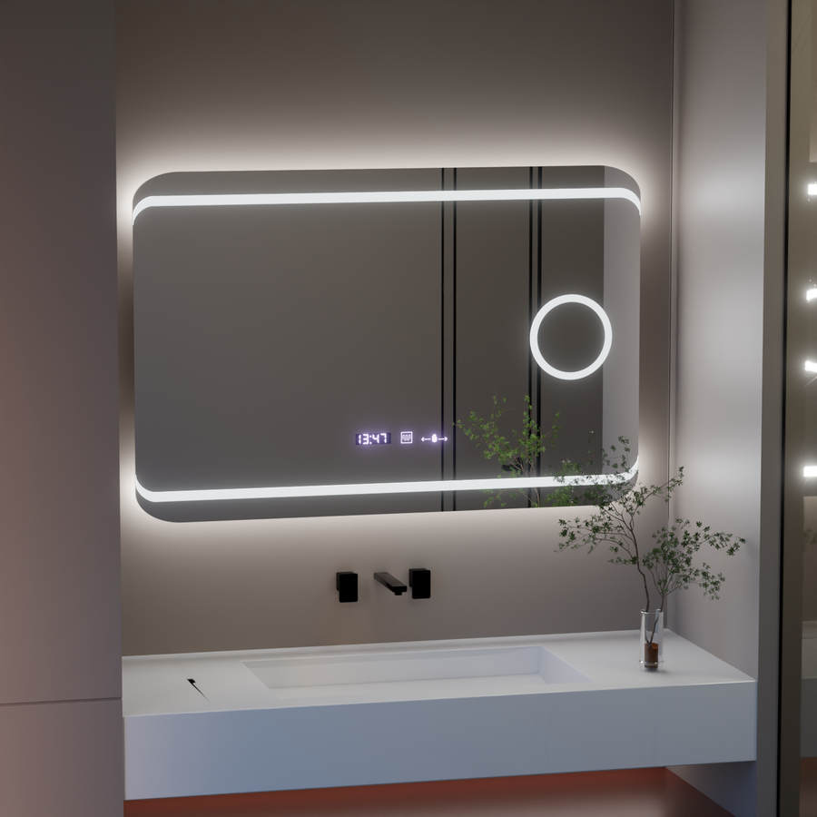 Obdĺžnikové LED zrkadlo, 100x60cm, Definition MotionGlow Marcello, Demister System, Hodiny & Teplomer, Kozmetická lupa, Stmievateľné