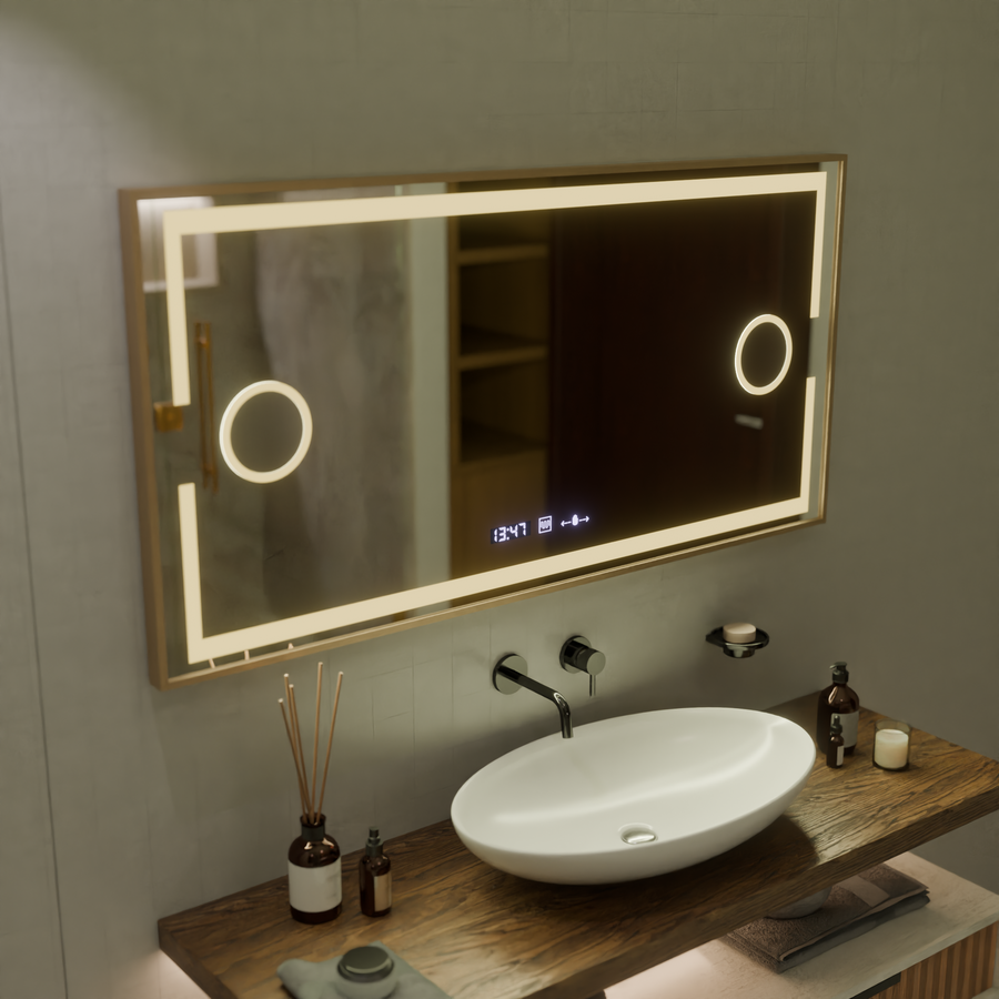 LED Motionglow Sensor Mirror Isabell s odmrazovacou funkciou rozmrazovania 120x80 cm teplé/studené/neutrálne stmievacie svetlo, ružový zlatý rámec, zbierka Marcello Fungi