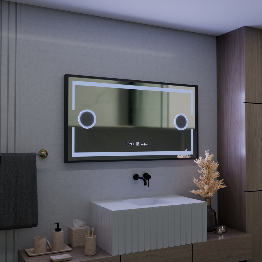 LED zrkadlové Motionglow Sensor Domingo s odmrazovaním funkcie rozmrazovania 120x65 cm studené/teplé svetlo, čierny kefovaný rám, zbierka Marcello Funghi Collection